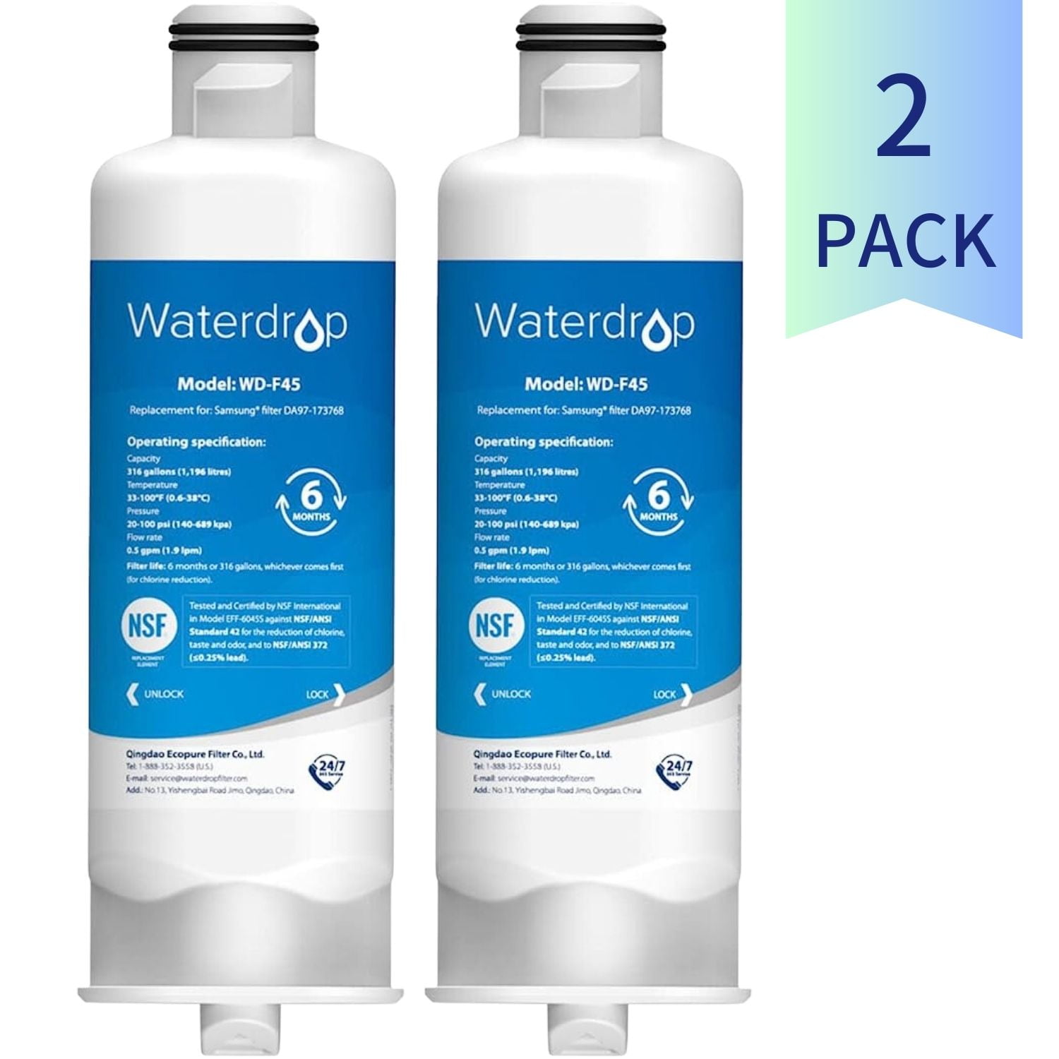 Waterdrop DA97-17376B HAF-QIN/EXP Refrigerator Water Filter, Replacement for Samsung DA97-08006C, HAF-QIN, DA97-17376B, NSF 42 Certified (2 Pack) -New in Box
