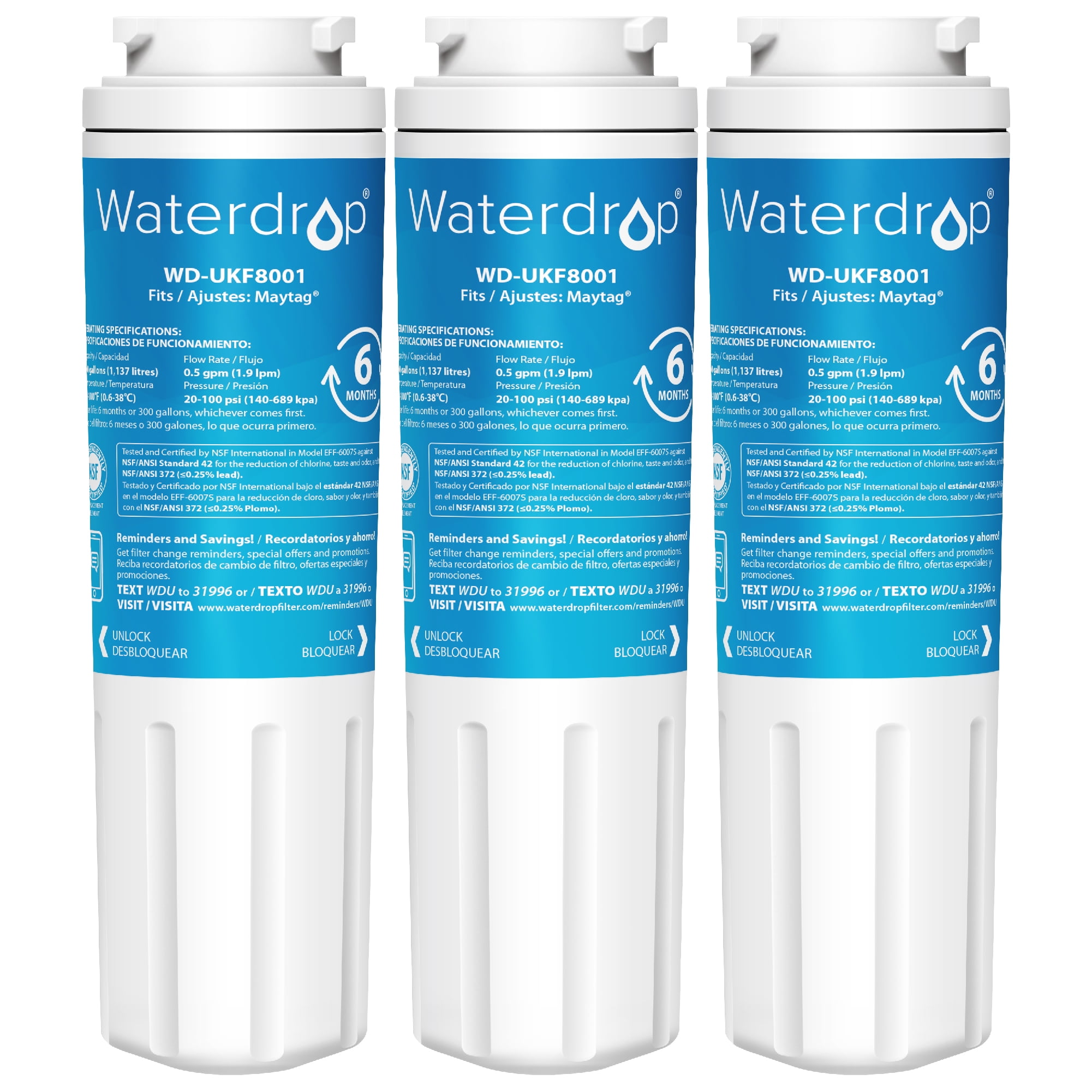 Waterdrop UKF8001 Refrigerator Water Filter, Compatible with Maytag UKF8001AXX-750, UKF8001AXX-200, Whirlpool 4396395, 469006, Filter 4, PUR, Puriclean II, EDR4RXD1, Pack of 3 -New in Box